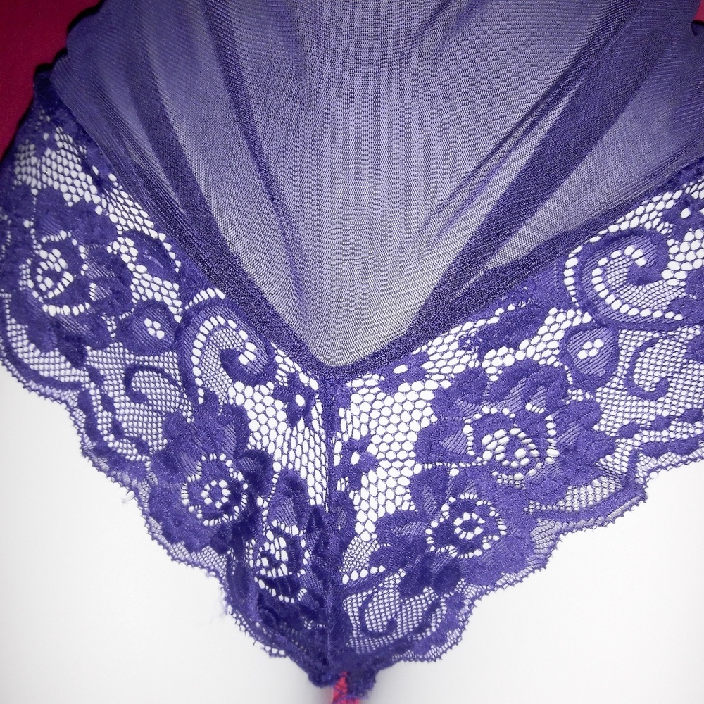 Purple Sheer Mesh Lace Halter Lace Up Bodysuit - Picture 3 of 4
